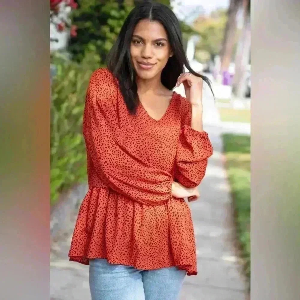 Rust Leopard Wool Dobby Woven Knit Top